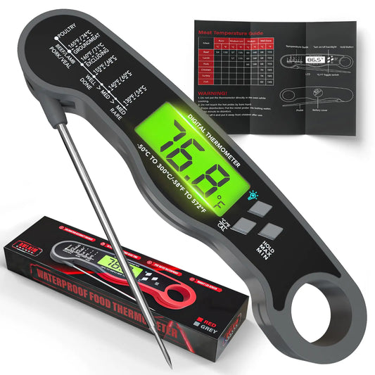 Digital Instant Read Meat Thermometer Waterproof Backlit Grey
