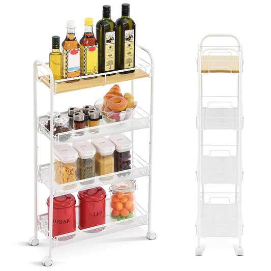 KINGRACK 4-Tier Slim Rolling Utility Cart with Wooden Top White