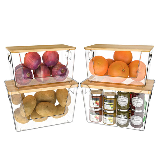 Stackable Kitchen Storage Bins with Lids 4 Pack Produce Organizer