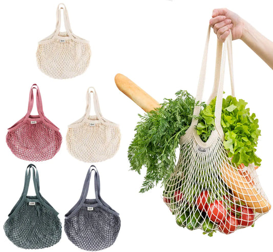 Reusable Cotton Mesh Grocery Bags 5 Pack Long Handle Tote Set