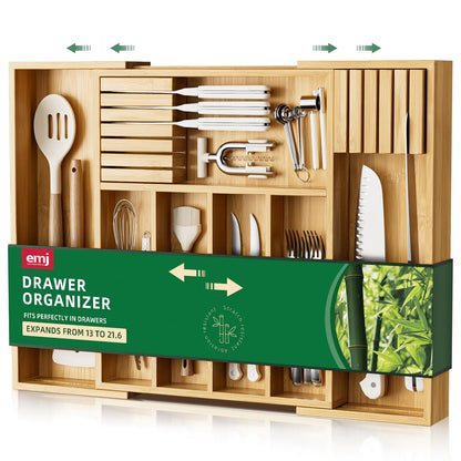Bamboo Silverware Drawer Tray with 7 Slots and Knife Storage